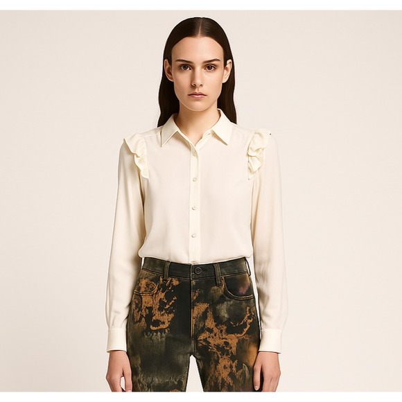 FRAME XS 100% Silk Ruffle trim Blouse in off white / beige Long Sleeve - Picture 1 of 13